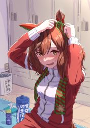 Rule 34 | 1girl, animal ears, bell print, blush, bottle, brown eyes, brown hair, commentary request, ear covers, electrical outlet, esubui, highres, horse ears, horse girl, jacket, long sleeves, looking at viewer, multicolored hair, nice nature (umamusume), open mouth, pants, red pants, red track suit, sitting, solo, streaked hair, tissue box, track jacket, track suit, umamusume, water bottle