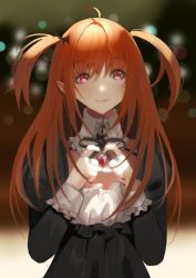 Rule 34 | 1girl, ahoge, eyebrows, fang, jewelry, light smile, long hair, mingou91, original, pink eyes, pointy ears, red hair, ring, solo, two side up, vampire