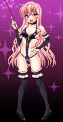 Rule 34 | 1girl, absurdres, blush, breasts, dominatrix, highres, legs, leotard, long hair, louise francoise le blanc de la valliere, open mouth, pink eyes, pink hair, sen (sansui), small breasts, smile, solo, swimsuit, thighhighs, wand, zero no tsukaima