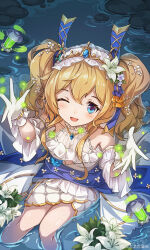 1girl ;d absurdres alternate_costume bare_shoulders blonde_hair blue_eyes blush breasts bug detached_sleeves dress firefly flower from_above gloves glowworm_(warship_girls_r) hair_between_eyes hair_flower hair_ornament highres insect lily_(flower) long_hair looking_at_viewer one_eye_closed open_mouth sitting smile soaking_feet solo tiara twintails warship_girls_r water weibo_logo weibo_watermark white_dress white_flower white_gloves