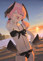 Rule 34 | 1girl, absurdres, beach, bikini, black bikini, black bow, blue archive, blue sky, blush, body markings, bow, breasts, chinese commentary, commentary, cowboy shot, dutch angle, floral print, front-tie bikini top, front-tie top, hair bow, half-closed eye, head wings, highres, horizon, koharu (blue archive), koharu (swimsuit) (blue archive), kro (kroooxd), long hair, looking at viewer, low twintails, low wings, multiple hair bows, navel, ocean, one eye closed, open mouth, outdoors, outstretched arm, pink eyes, pink hair, print bikini, raised eyebrows, sand, sidelighting, sky, small breasts, smile, solo, standing, sun, sunset, swimsuit, twintails, v, wings