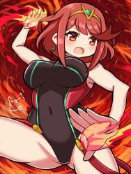 Rule 34 | 1girl, blush, breasts, competition swimsuit, fighting stance, fire, highres, large breasts, ma2acworks, one-piece swimsuit, open mouth, pyra (pro swimmer) (xenoblade), pyra (xenoblade), red hair, short hair, solo, swimsuit, thighs, tiara