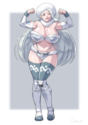 Rule 34 | 1girl, absurdres, breasts, cirenk, cleavage, clenched hands, commentary, commission, creatures (company), curvy, earrings, game freak, hat, highres, huge breasts, jewelry, lips, long hair, looking at viewer, mature female, melony (pokemon), muscular, muscular female, navel, nintendo, no bra, one eye closed, pokemon, pokemon swsh, shiny skin, solo, stomach, thick thighs, thighs, very long hair, white hair, wide hips