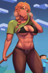 Rule 34 | 1girl, abs, absurdres, alex (minecraft), arm at side, axe, belt, black bra, blue sky, bra, braid, brown pants, clothes lift, fluffydus, green shirt, highres, minecraft, muscular, muscular female, orange hair, pants, shirt, shirt lift, short sleeves, sidelocks, signature, sky, string bra, sweat, t-shirt, underwear, wiping, wiping face, wiping sweat
