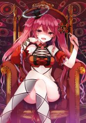 Rule 34 | 1girl, argyle, argyle clothes, argyle legwear, bad id, bad pixiv id, baton, crop top, crossed legs, crown, detached sleeves, grace (sound voltex), halo, long hair, looking at viewer, midriff, open mouth, pink eyes, pink hair, puffy short sleeves, puffy sleeves, shaded face, shnva, short sleeves, sitting, skirt, smile, solo, sound voltex, throne, twintails, very long hair