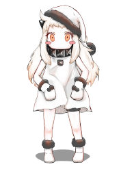 Rule 34 | 10s, 1girl, 41 (taskmaster41), ahoge, bad id, bad pixiv id, blush stickers, covered mouth, dress, hat, highres, horns, kantai collection, long hair, looking at viewer, mittens, northern ocean princess, orange eyes, santa hat, solo, white background, white dress, white hair, white mittens