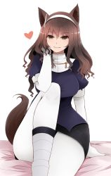Rule 34 | 10s, 1girl, animal ears, arano oki, ashigara (kancolle), blush, brown eyes, brown hair, convenient leg, curvy, elbow gloves, gloves, hairband, hand in own hair, heart, highres, kantai collection, leg up, long hair, looking at viewer, pantyhose, puffy short sleeves, puffy sleeves, shirt, short sleeves, simple background, sitting, skirt, smile, solo, tail, white gloves, white pantyhose, wide hips, wolf ears, wolf tail