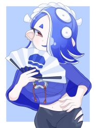 Rule 34 | 1girl, black pants, blue background, blue hair, blue shawl, border, chest sarashi, commentary request, earrings, eyelashes, folding fan, hair over one eye, hand fan, hand on own hip, highres, holding, holding fan, medium hair, navel, nintendo, octoling, open mouth, outside border, pants, red eyes, sarashi, shawl, shiver (splatoon), simple background, smile, solo, splatoon (series), splatoon 3, tentacle hair, thick eyebrows, tonbofree, tooth earrings, torn clothes, torn pants, white border