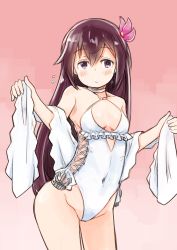Rule 34 | 1girl, breasts, brown hair, casual one-piece swimsuit, commentary, commission, commissioner upload, cosplay, covered navel, cowboy shot, english commentary, enjaku izuku, flower, frilled one-piece swimsuit, frilled swimsuit, frills, hair flower, hair ornament, hairband, highleg, highleg swimsuit, highres, kantai collection, kisaragi (kancolle), long hair, looking at viewer, one-piece swimsuit, pink background, purple eyes, sagiri (kancolle), sagiri (kancolle) (cosplay), shawl, side-tie swimsuit, small breasts, solo, swimsuit, white one-piece swimsuit, white shawl