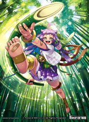 Rule 34 | 1girl, bamboo, bamboo forest, bandages, bandaid, bare shoulders, blush, day, flower, force of will, forest, fukuzou, hair flower, hair ornament, japanese clothes, leaf, long hair, low twintails, nature, official art, open mouth, purple hair, sky, solo, sparkle, staff, teeth, twintails, yellow eyes
