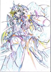 Rule 34 | 1girl, breasts, color trace, colored pencil (medium), elbow gloves, frame arms girl, gloves, gun, headgear, highres, kumichou (ef65-1118-ef81-95), long hair, looking at viewer, low twintails, mecha musume, missile, motion blur, open mouth, panties, sideboob, sketch, skindentation, smoke, solo, speed lines, striped clothes, striped panties, stylet, thighhighs, traditional media, twintails, underwear, weapon, white background