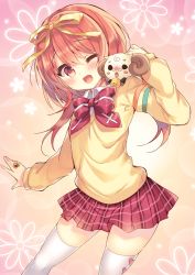 Rule 34 | 1girl, ;d, akihime sumomo, animal, animal on shoulder, bell, blush, bow, brown eyes, brown hair, collared shirt, commentary request, dress shirt, floral background, hair ribbon, head tilt, highres, jewelry, long hair, long sleeves, nanatsuiro drops, one eye closed, open mouth, plaid, plaid skirt, red bow, red skirt, ribbon, ring, shirt, skindentation, skirt, sleeves past wrists, smile, solo, suzunone rena, sweater, thighhighs, white shirt, white thighhighs, yellow ribbon, yellow sweater