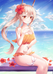 Rule 34 | 1girl, ayanami (azur lane), azur lane, bad id, bad pixiv id, bare arms, bare shoulders, bench, bikini, bracelet, breasts, brown hair, cleavage, closed mouth, collarbone, doroshi, flower, food, hair flower, hair ornament, halterneck, hand up, headgear, hibiscus, highres, holding, jewelry, leg ribbon, long hair, looking at viewer, medium breasts, orange bikini, petals, ponytail, popsicle, red eyes, red flower, ribbon, sitting, smile, solo, stomach, swimsuit, thighs, very long hair, white ribbon