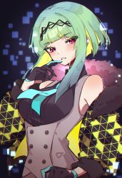 Rule 34 | 1girl, absurdres, atlus, black gloves, black hairband, black jacket, black shirt, blonde hair, blush, bodice, breasts, collared shirt, colored inner hair, commentary, emi star, english commentary, fur trim, gloves, green hair, hairband, highres, jacket, medium breasts, multicolored hair, off shoulder, parted lips, ringo (soul hackers 2), shin megami tensei, shirt, short hair with long locks, sleeveless, sleeveless shirt, solo, soul hackers, soul hackers 2