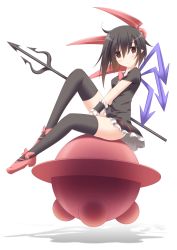 Rule 34 | 1girl, asymmetrical wings, bad id, bad pixiv id, black hair, black thighhighs, blush, dress, female focus, full body, houjuu nue, polearm, red eyes, sakurame, short hair, simple background, sitting, sitting on object, smile, solo, spear, thighhighs, touhou, trident, ufo, weapon, white background, wings