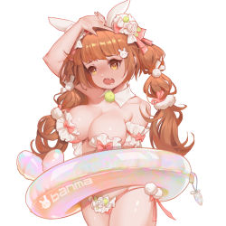 Rule 34 | 1girl, animal ears, arm garter, arm up, artist name, b-anma, bikini, blush, bow, breasts, brown eyes, brown hair, cleavage, copyright request, cowboy shot, detached collar, fang, frilled bikini, frills, groin, hair ornament, hair ribbon, hairclip, highres, innertube, innertube with ears, large breasts, long hair, looking away, multi-tied hair, open mouth, pink bikini, pink bow, pom pom (clothes), rabbit ears, rabbit hair ornament, ribbon, saliva, side-tie bikini bottom, simple background, solo, strapless, strapless bikini, swim ring, swimsuit, twintails, yellow eyes