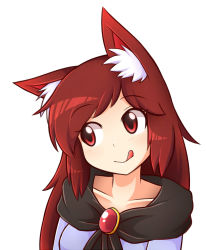 Rule 34 | 1girl, :q, animal ear fluff, animal ears, brooch, brown hair, head tilt, imaizumi kagerou, jewelry, licking lips, long hair, looking away, red eyes, shirt, simple background, smile, solo, tongue, tongue out, touhou, upper body, werewolf, wolf ears, wool (miwol)