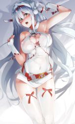 Rule 34 | 10s, 1girl, alternate costume, arm up, armpits, bad id, bad pixiv id, belt, blush, breasts, cleavage, cleavage cutout, clothing cutout, covered erect nipples, covered navel, cowboy shot, fingerless gloves, fur trim, gloves, hat, heart, heart cutout, kantai collection, large breasts, long hair, open mouth, ruuto (sorufu), santa costume, santa hat, see-through, shiny clothes, shiny skin, shoukaku (kancolle), silver hair, solo, thighhighs, very long hair, white gloves, white thighhighs, yellow eyes