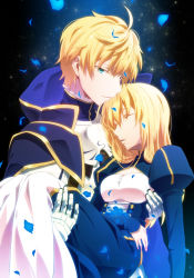 Rule 34 | 1boy, 1girl, armor, arthur pendragon (fate), artoria pendragon (all), artoria pendragon (fate), blonde hair, blue cape, blue dress, breastplate, breasts, bustier, cape, carrying, cleavage, closed eyes, closed mouth, dress, fate/prototype, fate/stay night, fate (series), gauntlets, green eyes, hair between eyes, highres, long dress, long hair, long sleeves, open mouth, pochi-a, princess carry, saber (fate), small breasts