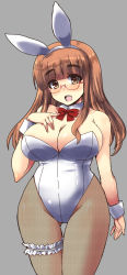 Rule 34 | 10s, 1girl, animal ears, bare shoulders, blush, bow, bowtie, breasts, brown eyes, brown hair, cleavage, curvy, detached collar, fake animal ears, fishnet pantyhose, fishnets, garter belt, girls und panzer, highres, large breasts, bridal garter, long hair, looking at viewer, open mouth, pantyhose, playboy bunny, rabbit ears, shinshin, smile, solo, standing, takebe saori, wide hips, wrist cuffs