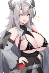 Rule 34 | 1girl, :d, absurdres, arknights, bare shoulders, belt, black bra, bra, breasts, commentary, detached sleeves, english commentary, fang, grey belt, grey hair, hands on own hips, highres, horns, huge breasts, kanta (kanta 077), long hair, matoimaru (arknights), open mouth, pointy ears, red eyes, simple background, smile, solo, sparkle, underwear, upper body, very long hair, white background