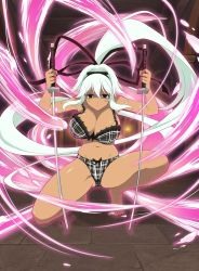 10s 1girl bra breasts cleavage dark-skinned_female dark_skin dual_wielding female_focus holding huge_breasts katana long_hair official_art panties ponytail senran_kagura solo sword underwear weapon white_hair yuuyaki_(senran_kagura)