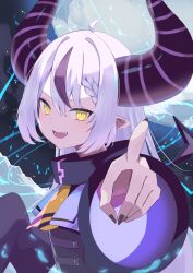 Rule 34 | 1girl, ahoge, black horns, black nails, braid, braided bangs, collar, grey hair, highres, hololive, horns, la+ darknesss, la+ darknesss (1st costume), long hair, looking at viewer, metal collar, multicolored hair, nail polish, nicky0, open mouth, pointing, pointing at viewer, pointy ears, purple hair, smile, solo, streaked hair, striped horns, virtual youtuber, yellow eyes