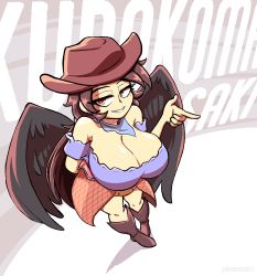 Rule 34 | 1girl, bandana, bare shoulders, black hair, black wings, blue shirt, boots, breasts, brown hat, cleavage, cowboy boots, cowboy hat, cowboy western, feathered wings, flannel, freckles, full body, hat, highres, horse girl, kurokoma saki, large breasts, long hair, off-shoulder shirt, off shoulder, ponytail, quarium, red eyes, scarf, shirt, smile, solo, touhou, wings