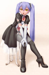 Rule 34 | 1girl, ^jj^, absurdres, black dress, black thighhighs, blue hair, blush, dress, elbow gloves, frilled dress, frills, gloves, gothic lolita, hands on own thighs, high heels, highres, hoshino ruri, juliet sleeves, kidou senkan nadesico, lolita fashion, long hair, long sleeves, looking at viewer, puffy sleeves, solo, thighhighs, twintails, white gloves, yellow eyes
