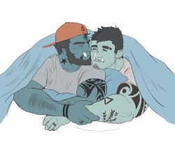 Rule 34 | 2boys, = =, absurdres, arm hair, arm tattoo, backwards hat, bara, baseball cap, beard, blue skin, blush, clay (lancelotsteele), colored skin, couple, cuddling, eyebrow cut, facial hair, flat color, goatee stubble, green skin, hand on another&#039;s arm, happy, hat, highres, kiss, kissing cheek, large pectorals, loving aura, lying, male focus, mature male, monster boy, multiple boys, muscular, muscular male, mustache stubble, on stomach, orc, original, pectorals, rusl (ruslorc), ruslorc, shirt, short hair, sideburns, sideburns stubble, sparse stubble, stubble, t-shirt, tattoo, thick eyebrows, tusks, under covers, upper body, yaoi