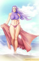 Rule 34 | 1girl, absurdres, beach, bikini, breasts, capcom, clenched hands, collarbone, commentary, english commentary, forehead, freeglass, full body, furrowed brow, hair between eyes, hair down, highres, huge breasts, lens flare, linea alba, lips, long hair, long legs, looking at viewer, midriff, navel, ocean, pinup (style), purple bikini, purple eyes, purple hair, rose (street fighter), solo, street fighter, summer, swimsuit, tankini, thigh gap, thighs, toned, towel, walking, wind, wind lift