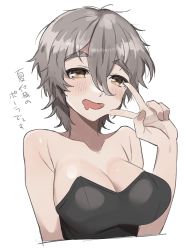 Rule 34 | 1girl, absurdres, alternate hair length, alternate hairstyle, black leotard, blush, breasts, brown eyes, cropped torso, drooling, grey hair, hair between eyes, highres, kantai collection, large breasts, leotard, mouth drool, open mouth, pola (kancolle), short hair, simple background, solo, thick eyebrows, toriniku senshi chikinman, translation request, upper body, v, white background