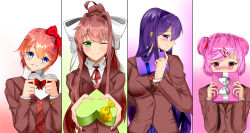 Rule 34 | 4girls, :d, ;), arm behind back, arms up, blue eyes, blush, bow, box, breasts, brown hair, brown jacket, closed mouth, covering own mouth, doki doki literature club, eyelashes, finger to own chin, gift, gift box, green background, green eyes, grin, hair between eyes, hair bow, hair ornament, hair ribbon, hairclip, head tilt, heart, holding, holding gift, holding up, jacket, large breasts, long hair, long sleeves, looking at viewer, looking to the side, loucke, monika (doki doki literature club), multicolored background, multiple girls, natsuki (doki doki literature club), neck ribbon, nose, one eye closed, open mouth, orange hair, orange vest, outstretched arms, pink background, pink eyes, pink hair, ponytail, purple background, purple eyes, purple hair, red background, red bow, red ribbon, ribbon, sayori (doki doki literature club), school uniform, seductive smile, shirt, short hair, short twintails, shy, sidelocks, small breasts, smile, smirk, standing, teeth, twintails, valentine, very long hair, vest, white background, white bow, white shirt, wink, yuri (doki doki literature club)
