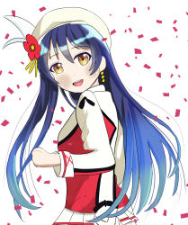 Rule 34 | 1girl, artist name, artist request, black bow, black neckwear, blue hair, blush, bow, breasts, clenched hand, collared shirt, earrings, feathers, female focus, flower, frilled skirt, frills, hair between eyes, hat, highres, jewelry, long hair, long sleeves, looking at viewer, love live!, love live! school idol project, parted lips, red flower, red shirt, shirt, skirt, small breasts, smile, solo, sonoda umi, sore wa bokutachi no kiseki, white background, white feathers, white hat, white shirt, white skirt, yellow eyes