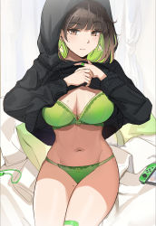 Rule 34 | 1girl, bandaid, bandaid on leg, black hoodie, blue nails, bra, breasts, brown eyes, brown hair, cleavage, closed mouth, clothes lift, cushion, earrings, green bra, green panties, highres, hood, hoodie, jewelry, large breasts, lifting own clothes, looking at viewer, mole, mole on thigh, mole under eye, nail polish, navel, nintendo switch, no pants, original, ormille, panties, sitting, solo, stomach, sweater, sweater lift, thighs, underwear