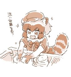 Rule 34 | 10s, 1girl, :d, animal ears, bow, bowtie, commentary request, common raccoon (kemono friends), dishwashing, elbow gloves, fangs, faucet, fur collar, gloves, hat, kemono friends, mitsumoto jouji, monochrome, open mouth, pleated skirt, raccoon ears, raccoon tail, red theme, short sleeves, simple background, sink, skirt, smile, solo, tail, white background