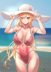 Rule 34 | 1girl, absurdres, azur lane, bare shoulders, beach, blonde hair, breasts, covered navel, hand on headwear, hat, highres, large breasts, long hair, looking at viewer, maanu, off shoulder, official alternate costume, outdoors, parted lips, pink one-piece swimsuit, purple eyes, richelieu (azur lane), richelieu (fleuron of the waves) (azur lane), swimsuit, wet, wet clothes, wet swimsuit, white headwear