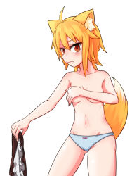 Rule 34 | 1girl, ahoge, animal ear fluff, animal ears, asymmetrical hair, blonde hair, blush, bow, bow panties, breasts, brown eyes, brown vest, closed mouth, commentary request, cookie (touhou), covering privates, covering breasts, cowboy shot, fox ears, fox girl, fox tail, hair between eyes, highres, holding, holding clothes, looking at viewer, medium hair, miramikaru riran, panties, sidelocks, simple background, small breasts, solo, tail, topless, underwear, vest, white background, white panties, yan pai