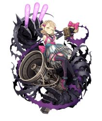 Rule 34 | 1girl, blonde hair, bow, briar rose (sinoalice), covering own ears, crossover, detached sleeves, full body, gems company, glowstick, hair bow, ji no, looking at viewer, megaphone, microphone, official art, one eye closed, plant, sinoalice, solo, thighhighs, thorns, transparent background, vines, virtual youtuber, yellow eyes