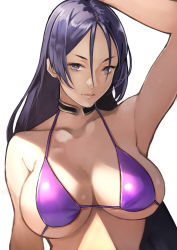Rule 34 | 1girl, arm at side, arm up, armpit crease, armpits, bare shoulders, bikini, black choker, breasts, choker, closed mouth, collarbone, expressionless, fate/grand order, fate (series), hair between eyes, halterneck, highres, large breasts, lips, long hair, looking at viewer, minamoto no raikou (fate), minamoto no raikou (fate/grand order), minamoto no raikou (swimsuit lancer) (fate), purple bikini, purple eyes, purple hair, simple background, solo, swimsuit, upper body, v-shaped eyebrows, white background, yoshio (55level)