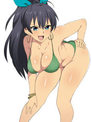 Rule 34 | &gt;:d, 1girl, :d, antenna hair, bare arms, bare legs, bare shoulders, bent over, bikini, black hair, blue eyes, blush, body blush, bracelet, breasts, cleavage, collarbone, earrings, fang, ganaha hibiki, green bikini, hand on own hip, hand on own knee, hanging breasts, high ponytail, highres, hoop earrings, idolmaster, idolmaster (classic), jewelry, kagemusha, large breasts, long hair, looking at viewer, open mouth, ponytail, simple background, smile, solo, standing, swimsuit, tan, tooth, v-shaped eyebrows, very long hair, white background