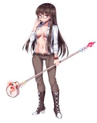 Rule 34 | 1girl, absurdres, adjusting eyewear, bad id, bad pixiv id, belt, boots, breasts, breasts apart, brown-framed eyewear, brown hair, brown pants, closed mouth, collared shirt, cross-laced footwear, dark jewel (gem oblivion), expressionless, full body, glasses, hand on eyewear, highres, holding, holding staff, lace-up boots, long hair, long sleeves, looking at viewer, medium breasts, navel, no bra, open clothes, open shirt, original, pants, purple eyes, semi-rimless eyewear, shirt, sidelocks, simple background, skull, solo, staff, standing, tsurime, under-rim eyewear, white background, white shirt, wristband