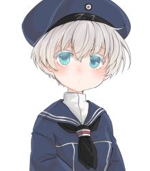 Rule 34 | 1girl, bad id, bad twitter id, black neckerchief, blue dress, blue eyes, blue sailor collar, clothes writing, commentary request, dress, hat, kantai collection, karin bluez3, looking at viewer, neckerchief, sailor collar, sailor dress, sailor hat, short hair, silver hair, simple background, solo, upper body, white background, z1 leberecht maass (kancolle)