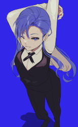 Rule 34 | 1girl, absurdres, arms up, black footwear, black pants, black ribbon, black vest, blue background, blue eyes, blue hair, character request, commentary request, danganronpa (series), full body, highres, long hair, long sleeves, looking at viewer, neck ribbon, one eye closed, pants, parted lips, raimone26, ribbon, shadow, shirt, simple background, smile, solo, standing, stretching, vest, white shirt