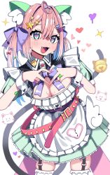 1girl :3 ahoge animal_ear_fluff animal_ears apron bell belt blue_eyes blush bow breasts cat_ears cat_tail cleavage dress fang feathered_wings frills garter_straps green_dress hair_between_eyes hair_bow hair_ornament hairclip heart heart-shaped_pupils heart_hair_ornament heart_hands highres jingle_bell large_breasts looking_at_viewer maid maid_apron morumoru_x o-ring open_mouth original pink_belt pink_hair purple_bow solo sparkle star_(symbol) star_hair_ornament sweat symbol-shaped_pupils tail tail_ornament thighhighs twintails white_apron white_thighhighs wings wrist_cuffs