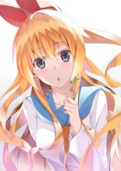 Rule 34 | 1girl, akausuko, blonde hair, blue eyes, blush, bow, breasts, collarbone, hair bow, highres, holding, holding key, key, kirisaki chitoge, large breasts, long hair, long sleeves, looking at viewer, necktie, nisekoi, parted lips, red bow, red necktie, shounen jump, solo, upper body