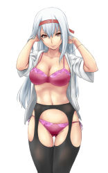 Rule 34 | 10s, 1girl, black pantyhose, black thighhighs, bra, breasts, cleavage, garter straps, garterhose, hairband, ishii hisao, japanese clothes, kantai collection, lingerie, long hair, open clothes, panties, pantyhose, shoukaku (kancolle), silver hair, solo, thighhighs, torn clothes, torn legwear, underwear