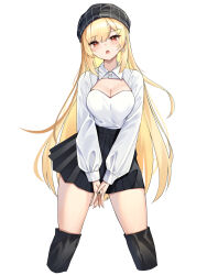Rule 34 | 1girl, absurdres, black hat, black skirt, blonde hair, blush, boots, breasts, cleavage, cleavage cutout, clothing cutout, collared shirt, contrapposto, cropped legs, dress shirt, earrings, hair between eyes, hat, highres, jewelry, jingburger, long hair, long sleeves, looking at viewer, medium breasts, miniskirt, open mouth, pleated skirt, red eyes, shirt, shrug (clothing), simple background, skirt, solo, thigh boots, thighhighs, v arms, very long hair, virtual youtuber, waktaverse, white background, white shirt, wing collar, zettai ryouiki, ziro (zirorong)