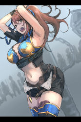 Rule 34 | 10s, 1girl, armor, arms up, bdsm, beatrix (granblue fantasy), belt, bikini armor, black thighhighs, bondage, bound, bound wrists, breasts, brown eyes, brown hair, chain, crowd, granblue fantasy, hair ornament, highres, large breasts, long hair, miniskirt, navel, open belt, open fly, open mouth, ponytail, shikuro (masax1107), short shorts, shorts, skirt, solo focus, teeth, thighhighs, torn clothes, undone, zettai ryouiki