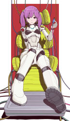 Rule 34 | 1girl, android, cable, chair, full body, grey eyes, highres, joints, long hair, looking at viewer, mechanical parts, original, purple hair, robot joints, science fiction, sitting, solo, sukabu, twintails